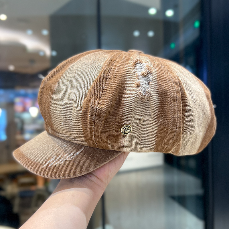 Retro lavado con agua vaquero sombrero de ocho ángulos para mujeres, boina de nube, agujero de moda, sombrero de lengua de pato