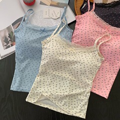 甜辣妹藍色蕾絲邊吊帶小背心女夏季bm碎花內搭打底短款帶胸墊上衣