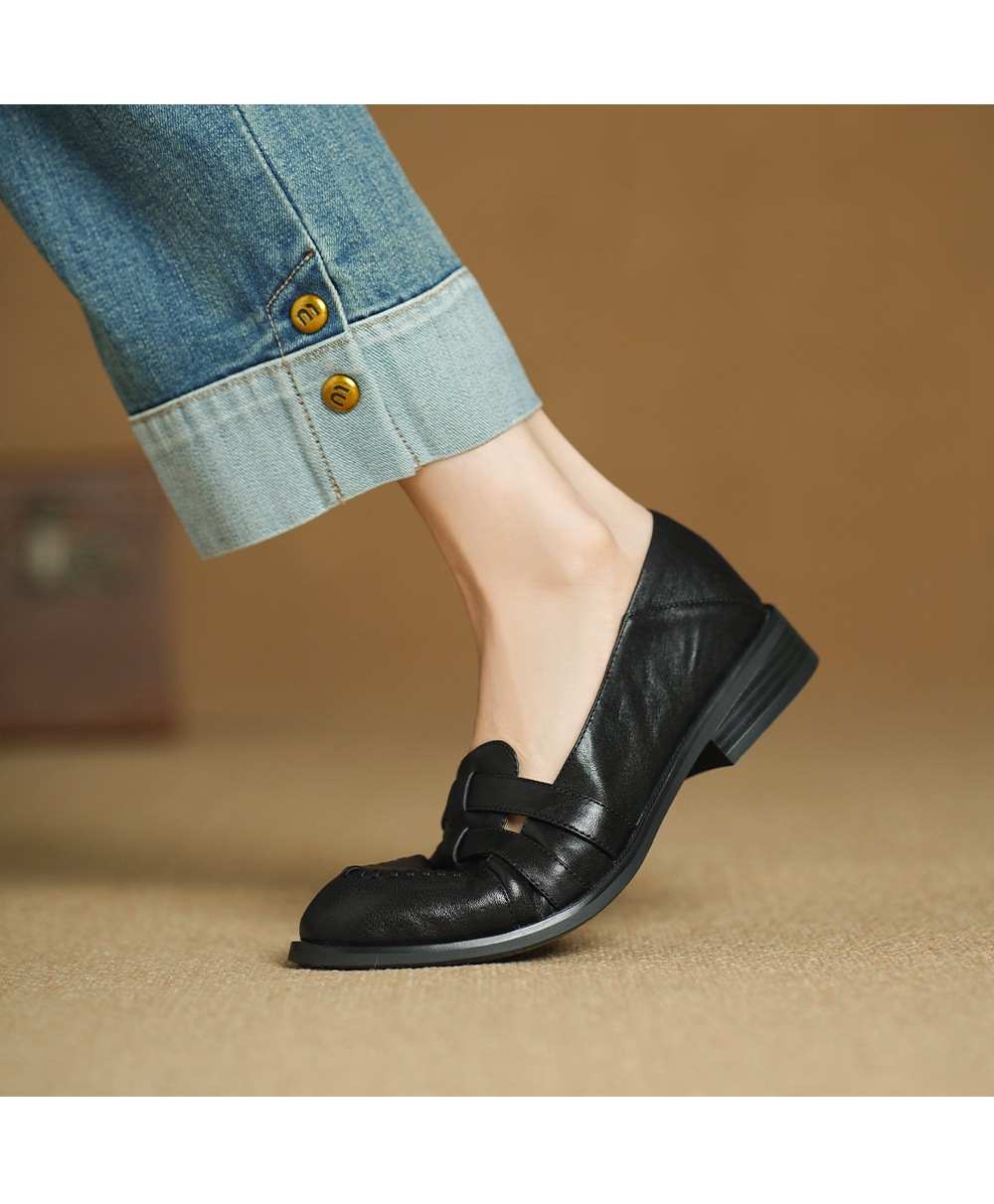 Giày lười nữ mũi vuông da bò cổ điển đế thấp mềm — đen chi tiết 10