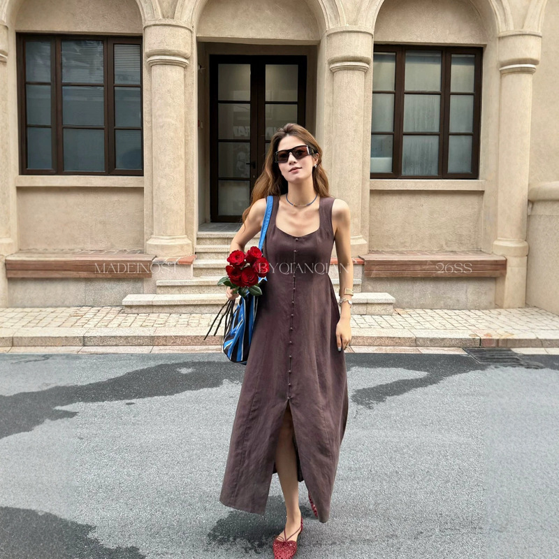 【Fei】Light French-Style Elegant Button-Decorated Waist-Cinching Sleeveless Tank Dress (the Waist Tie Is Non-Detachable) 【Fei】Light French-Style Elegant Button-Decorated Waist-Cinching Sleeveless Tank Dress (the Waist Tie Is Non-Detachable)