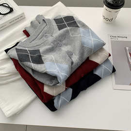 格蕾系复古撞色菱格针织开衫女细腻软糯羊毛圆领薄毛衣外套秋冬款