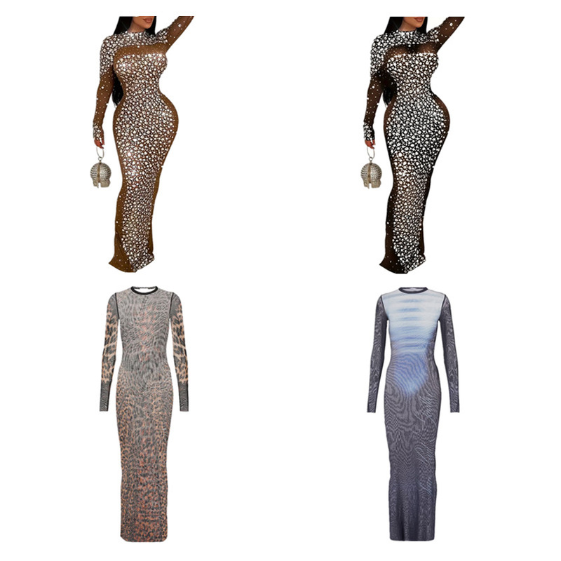 2024 cross-border foreign trade AliExpress European and American style autumn new fashion leopard print crew neck long sleeve long dress women