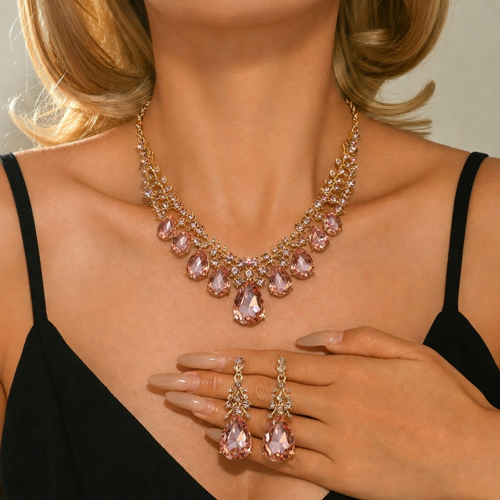 Conjunto de pendientes de collar exagerado retro europeo y americano, cadena de clavícula de gema de cristal, conjunto de joyería de dos piezas para mujer, accesorios de moda