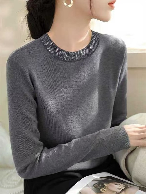 轻奢质感~镶钻圆领毛衣女2025新款秋冬洋气减龄内搭针织打底衫女|undefined