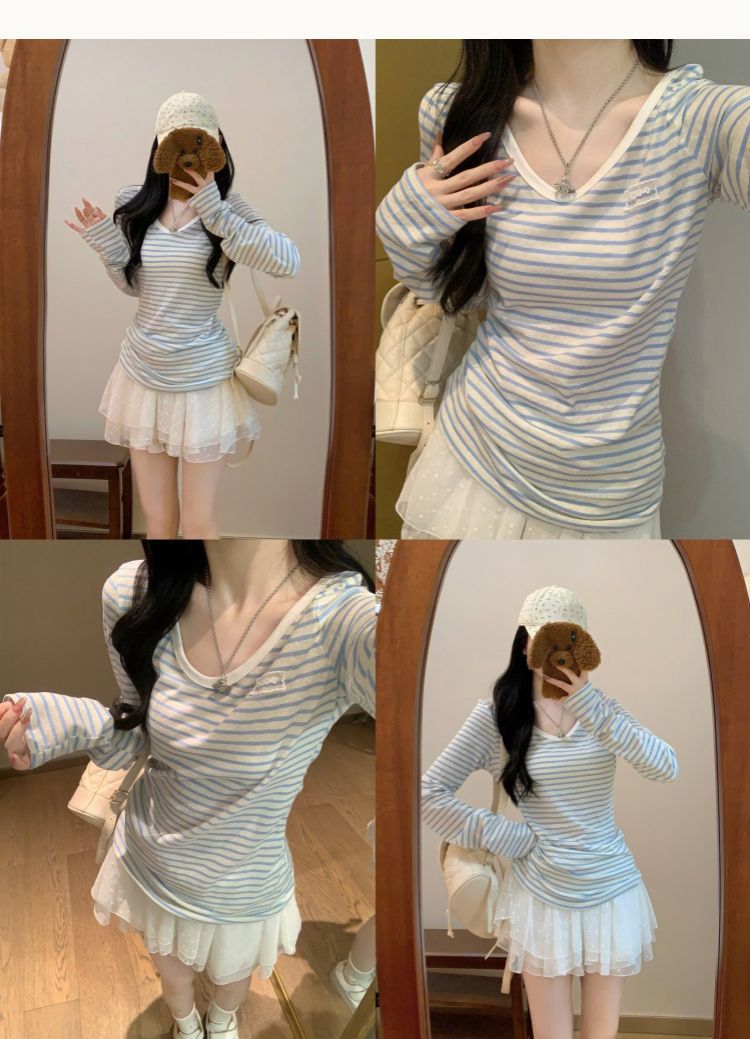 Blue Striped Sunscreen Long-sleeved T-shirt Women's Spring And Autumn Loose Lazy Blouse Top_ecoleips.com
