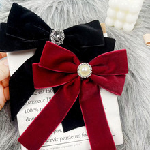 东大门领结衬衫女珍珠领花学院风黑丝绒蝴蝶结领口装饰复古飘带