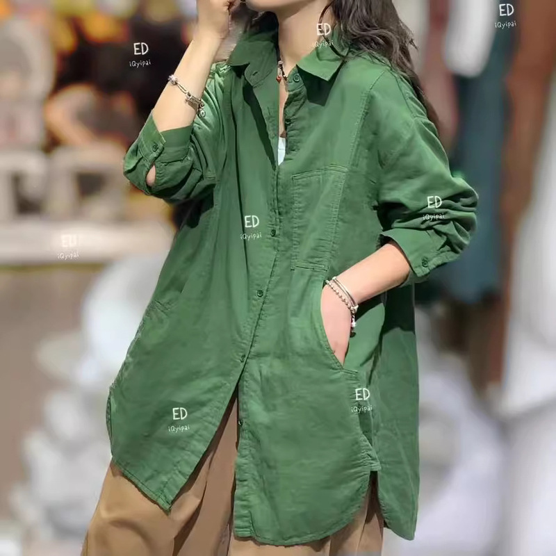 Cotton and Linen Large Edition Gold Design Split Slim Shirt 2024 Autumn and Winter New Casual All-match Solid Color Top Women's Clothing