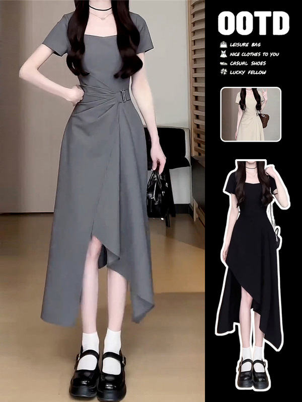 French-Style Gray Dress for Women, Summer 2025 New Popular Style, Beautiful Waist-Cinching Outfit, Petite and Stunning Long Dress