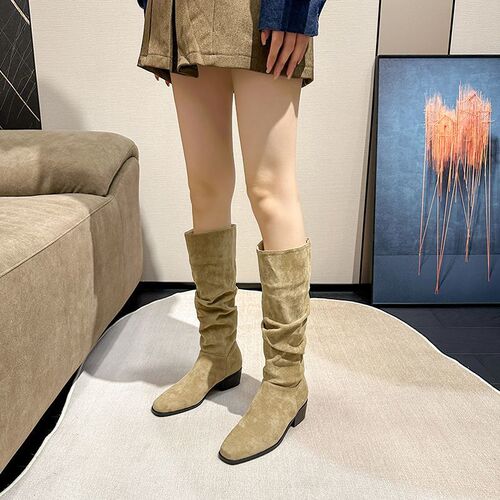 French Retro Chunky Boots Western Cowgirl Boots Autumn Tall Boots for Women Petite Khaki Long Boots