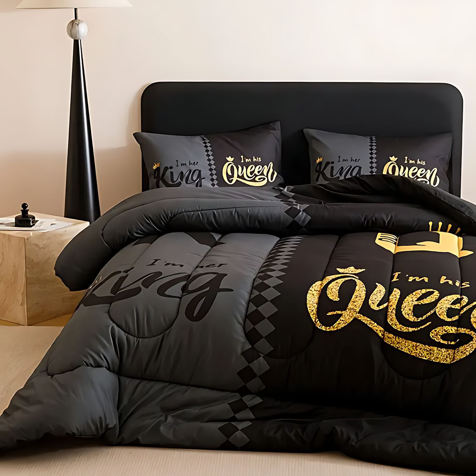 TEMU / JIT transfronterizo textil casero negro gris letras de corona alta definición impresión digital 180gms colcha colcha almohada set