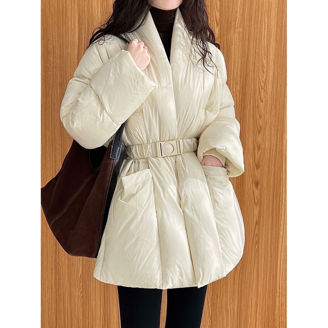 Designed Waist-Cinching down Jacket for Women in Winter New Korean Style Lace-Up High-End Good-Looking Thickeneded White Duck down Warm Jacket