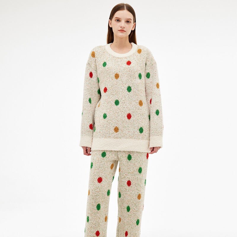 Thickened Fleece Autumn and Winter Long-Sleeve Long-Pants Pajamas for Women, Fair Isle Loose Comfortable Knitwear Loungewear Set Thickened Fleece Autumn and Winter Long-Sleeve Long-Pants Pajamas for Women, Fair Isle Loose Comfortable Knitwear Loungewear Set