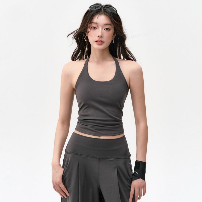 Women's sports bra with chest pads, halter neck yoga tank top, backless camisole, Pilates training wear, fitness top