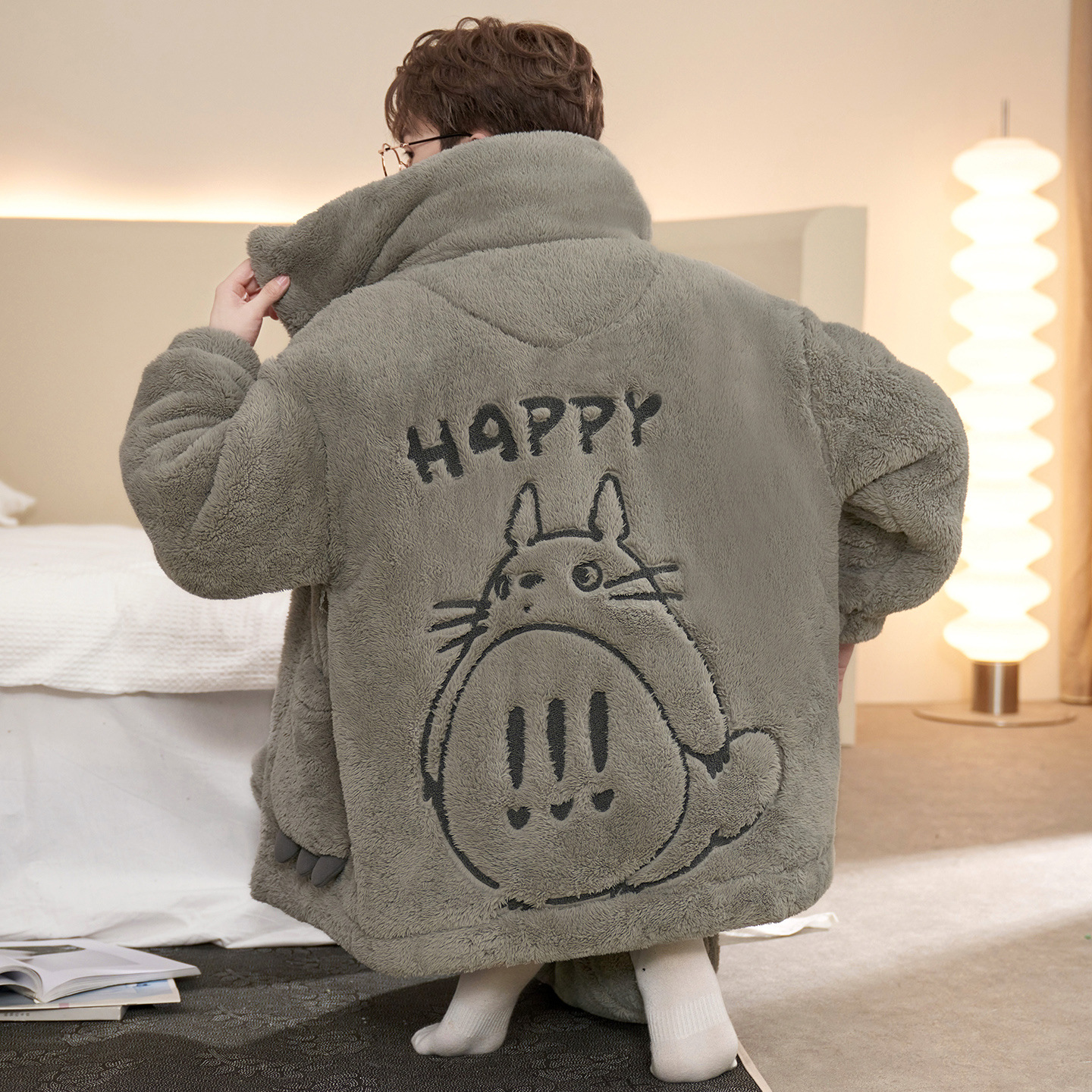 Coral Fleece Pajamas Men's New Winter Thickened Plus Velvet Teenagers Cartoon Flannel Warm Homewear Suit