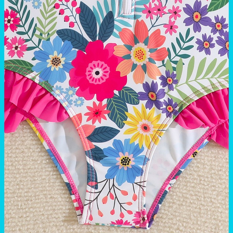 Mädchen-Badeanzug mit langen Ärmeln und Sonnenschutz, Rashguard mit Blumenmuster für größere Kinder, UPF 50+ Badebekleidung für Strand- und Poolurlaub_voghion.com
