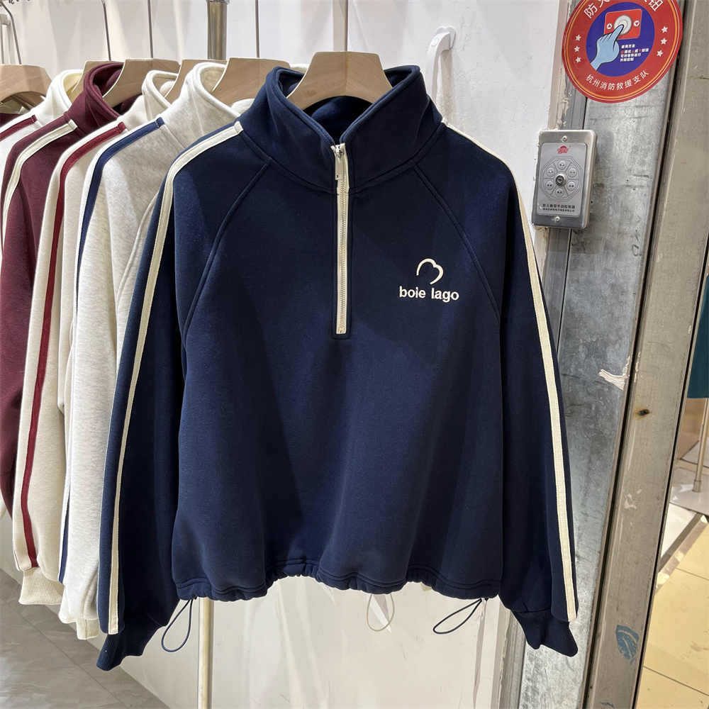 Autumn New American Retro Letter Print Thin Sweatshirt for Women, Half-Zip, Petite, Loose Casual Top, Trendy