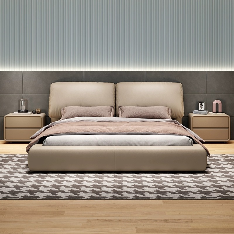 Cama de cuero de elefante de estilo minimalista italiano, cama principal moderna, paquete blando, 1.8 cama doble, marco de cama de madera maciza