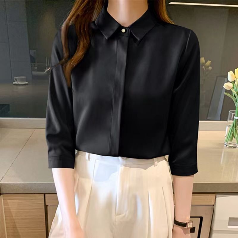 杭州のシルクのシャツの女性の長袖の春秋服の新型の绢糸の上着の白い職業は底のシャツの女性を詰めます。|undefined