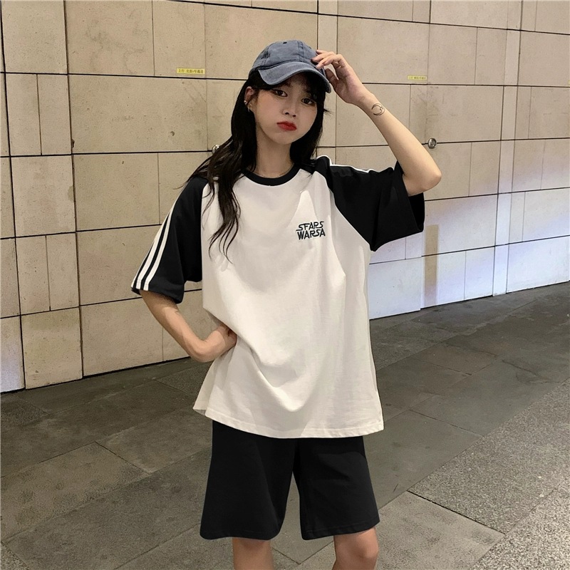 夏季跑步中考初中短袖休闲运动服套装女宽松短裤体育考试五分裤