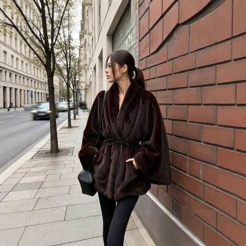 Cross-border Russian women's warm faux mink fur coat, winter mid-length, popular style, thick faux fur outerwear