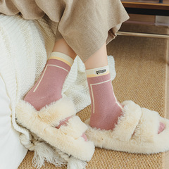 簡約線條刺繡加厚毛巾襪保暖睡眠襪中筒襪休閒運動襪毛圈襪地板襪