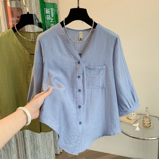 Summer Cotton Linen Short-sleeved Shirt Women's 2025 Loose Mid-sleeved Artistic All-match Solid Color Top Shirt Women's Clothes for Mother