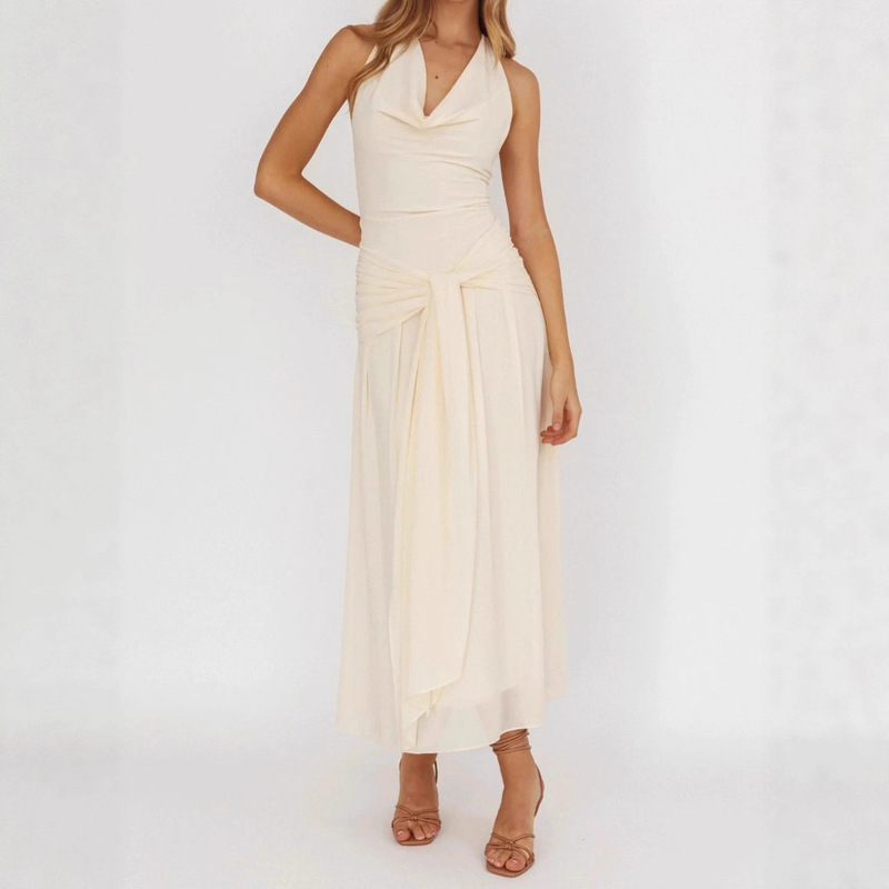 Solid Color Autum New Halterneck Corset Women's Fairy Style Fashionable Backless Lace-Up Dress Light Yellow