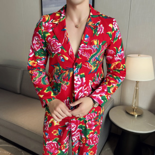 Spring and Autumn men's long-sleeved lapel Chinese style floral suit trendy youth men's casual personality big flower suit