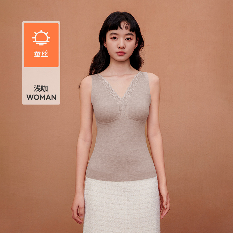 2025秋冬新款带胸垫保暖背心女可拆胸罩德绒蚕丝V领蕾丝打底马甲|undefined