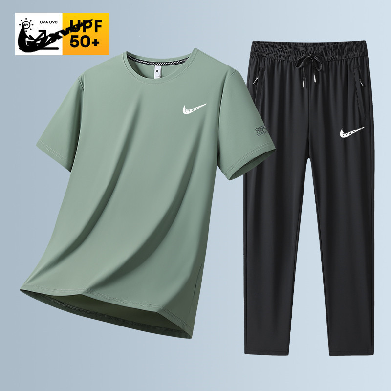 Men's 2025 Summer New Casual Sports Suit, Cool and Breathable Ice Silk Short-Sleeved Top/Long Pants Two-Piece Set Men's 2025 Summer New Casual Sports Suit, Cool and Breathable Ice Silk Short-Sleeved Top/Long Pants Two-Piece Set