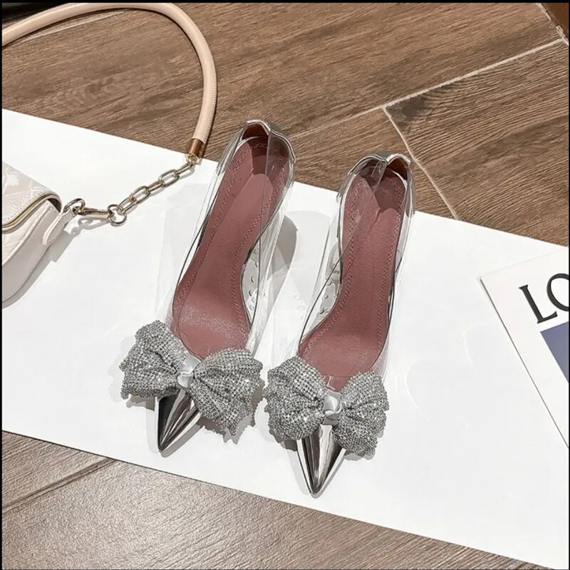 2026 Spring and Autumn Bowknot Transparent High Heels Women's Wine Glass Heel Pointed Toe Single Shoes Thin High Heel Wine Glass Heel Sandals for Women