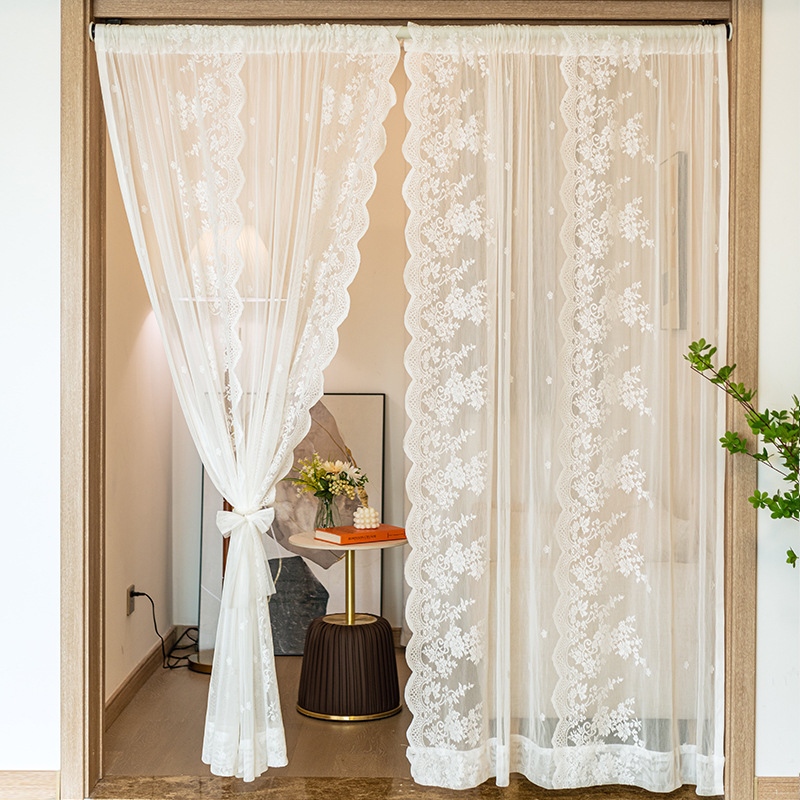 Punch-free Velcro Curtain Window Screen Curtain French White Lace Living Room Balcony Bay Window Curtain Partition Rod Curtain