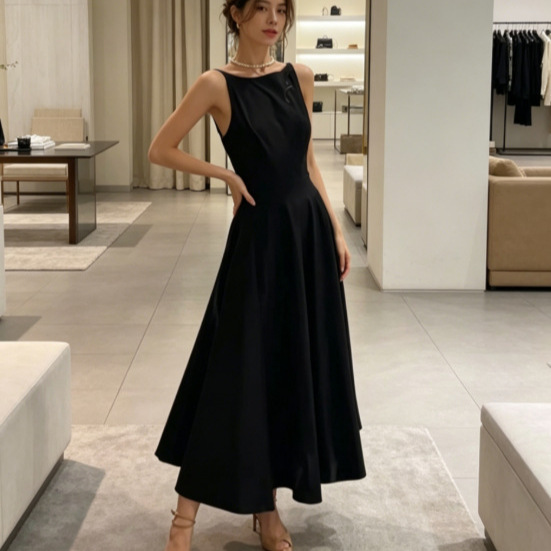 Black Sleeveless Waist-Cinching Flared Dress, Elegant Mid-Length Dress for Commuting, Russian Cross-Border Summer Women's Clothing Black Sleeveless Waist-Cinching Flared Dress, Elegant Mid-Length Dress for Commuting, Russian Cross-Border Summer Women's Clothing
