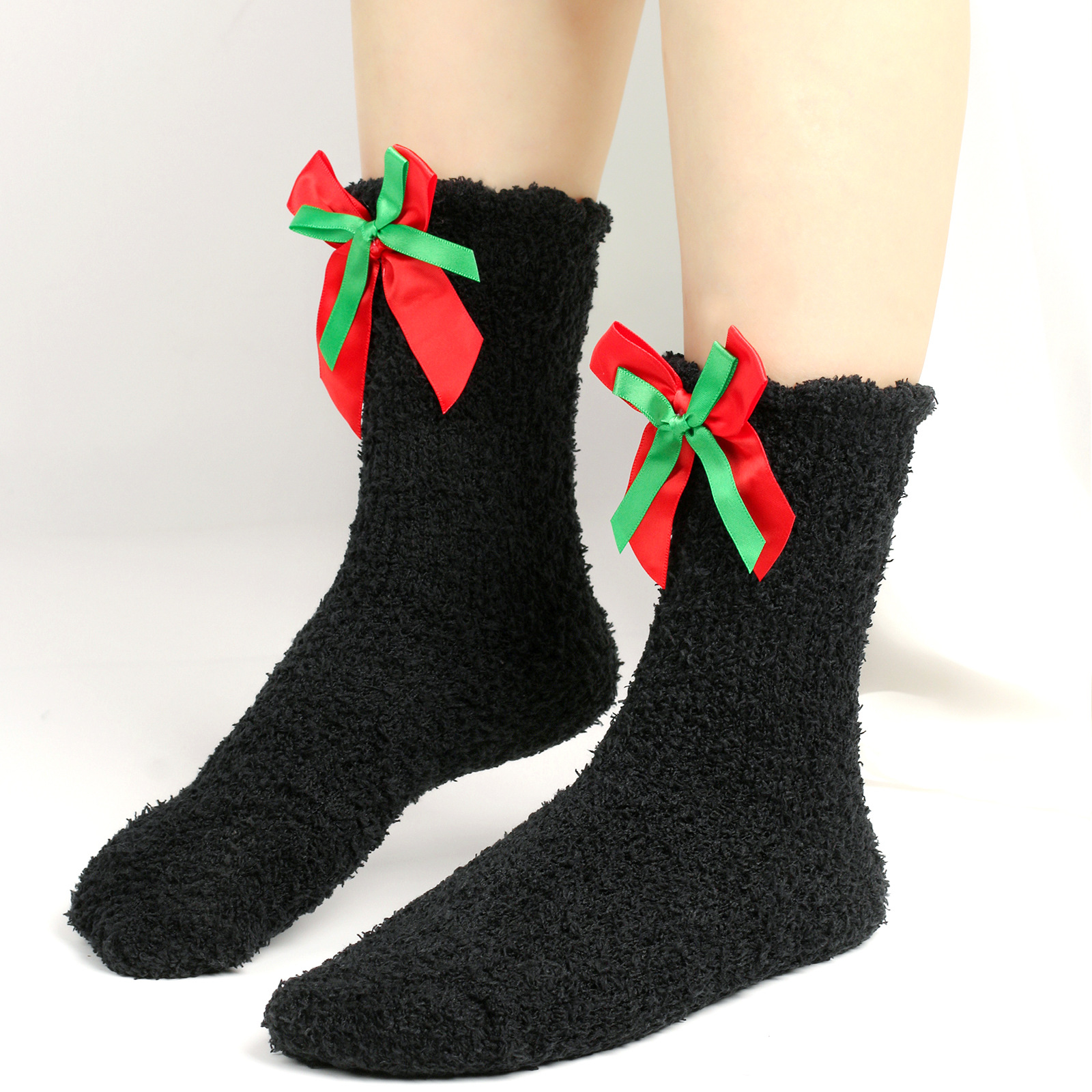Calzini da donna Calzini spessi e caldi in peluche Calzini in pile corallo con fiocco Calzini a tubo medio autunnali e invernali Calzini con fiocco_voghion.com