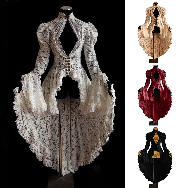 European and American Retro Lace Medieval Dress Palace Dress Party Costume Spliced ​​Tailcoat Trumpet Sleeves Stand Collar