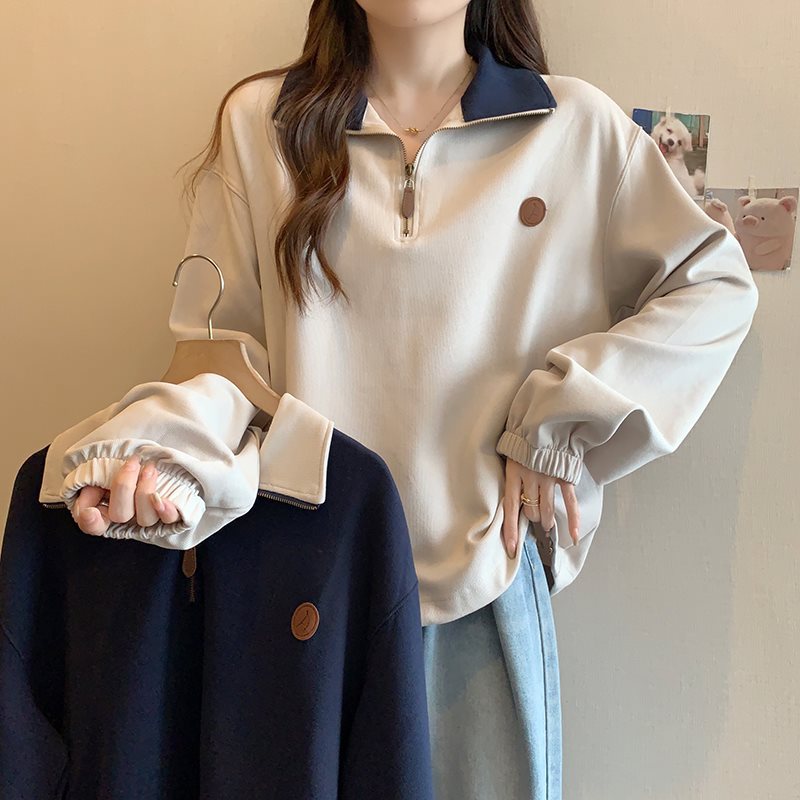 Large Size Long Sleeve Polo Collar Shoulder Sweater Spring 2024 New Women's Coat for Chubby Girls Slim Flesh Covering Top for Women