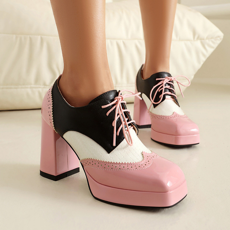 2025 New Color-Blocked Lace-Up Square-Toe Flats Platform Thick-Soled Thick High-Heeled Shoes 40-48 Large Size Shoes Cross-Border Export