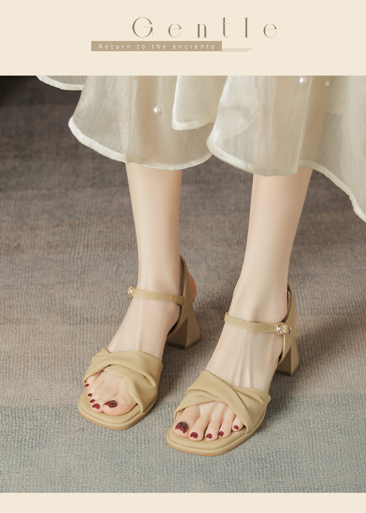 Sandal cao gót nữ quai ngang mũi vuông gót vuông kiểu Pháp — BL376 màu be chi tiết 14