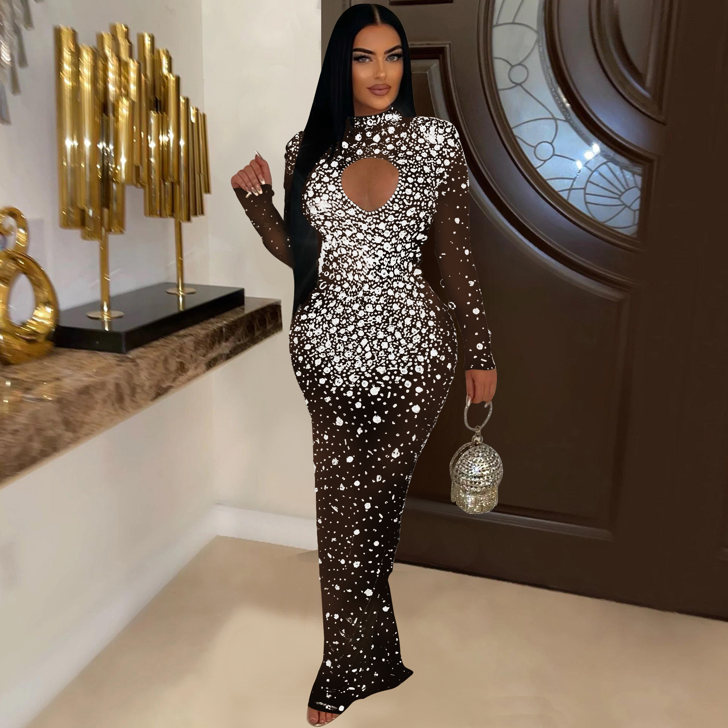 C6993 AliExpress transfronterizo Amazon estación independiente de moda europea y americana ropa de mujer de cuello redondo vestido de diamante caliente vestido largo nuevo image 4