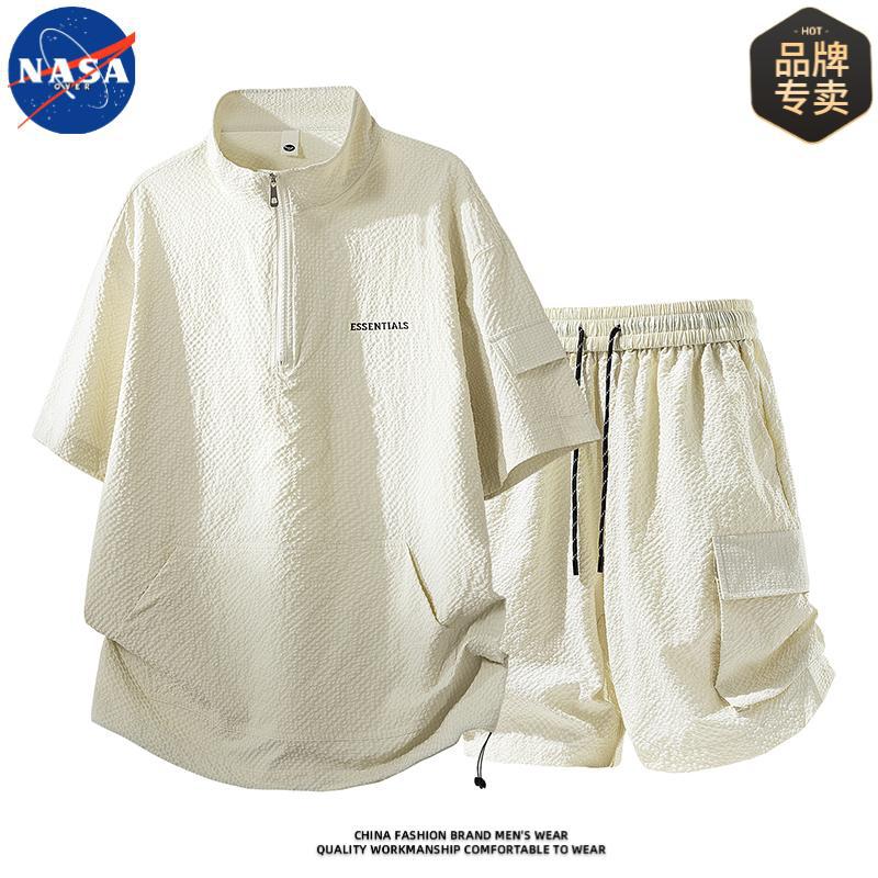 NASA brendining yuqori sifatli yarim fermuarli pufakchali yoqali kalta yengli erkaklar uchun yozgi salqin va nafas oladigan to'plam