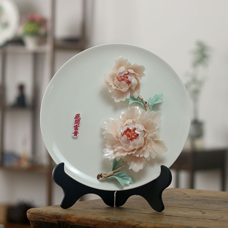 Ceramic Handmade Peony Porcelain Flower Stereo Hanging Plate Home Living Room TV Cabinet Antique Rack Entrance Soft Decorations Housewarming