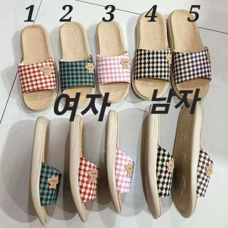 Мультяшные клетчатые медвежьи льняные тапочки на толстой подошве на толстом каблуке для пары мужчин и женщин, летние тапочки, тапочки