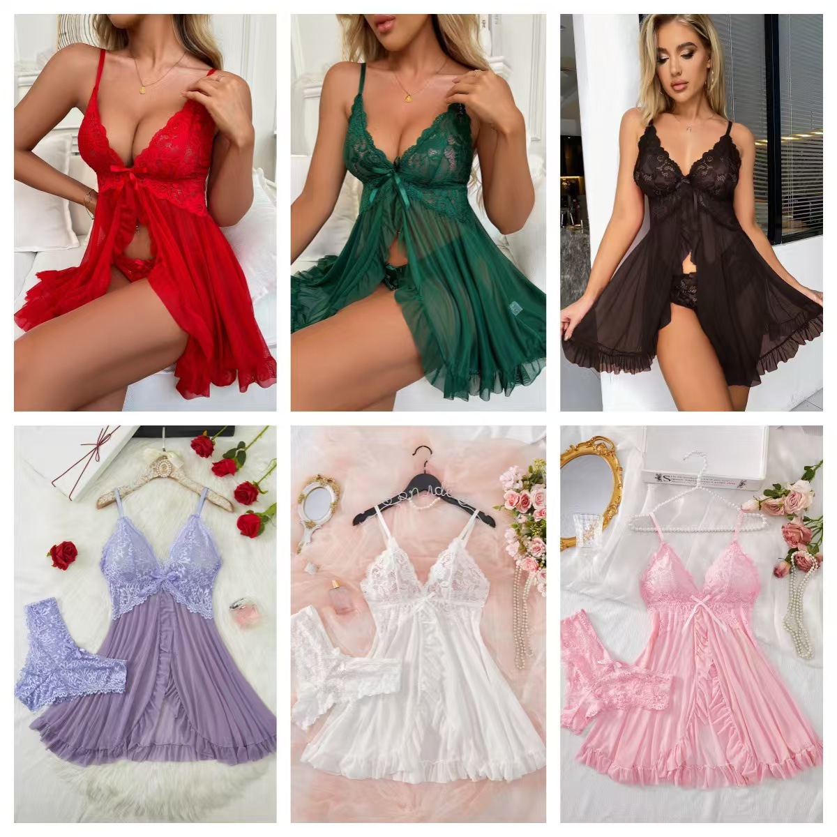 (Wholesale), (Cross-border trading), sexy pijama, lace multicoloured set, underwear, European style, V-neckline, lifting effect, Amazon