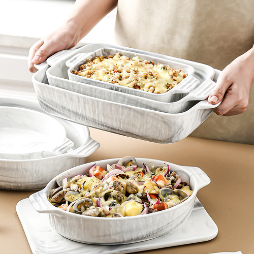 Nordic marble pattern double-handled ceramic baking pan oven dish large capacity microwave oven baking tool