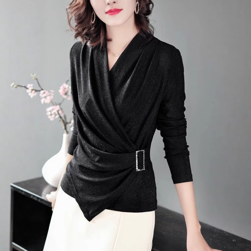 New Style Spring and Autumn Slim-Fit Long-Sleeve Lace Top with Waist-Cinching Shiny Thread, Tummy-Covering Cross V-Neck, High-End Women's Blouse