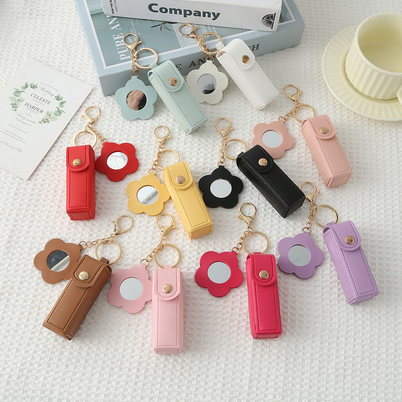Flower Mirror Lipstick Bag Keychain Two-In-One Mini Lipstick Storage Portable Makeup Mirror Leather Pendant Wholesale Flower Mirror Lipstick Bag Keychain Two-In-One Mini Lipstick Storage Portable Makeup Mirror Leather Pendant Wholesale