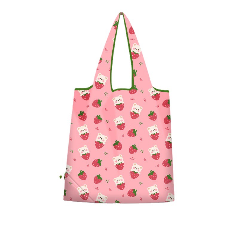工厂大容量草莓折叠购物袋涤纶手提袋环保袋