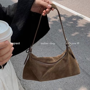 American Niche Design Accessible Luxury High-End Deerskin Velvet Retro Maillard Soft Leather Frosted Cool Sexy Motorcycle Armpit Bag