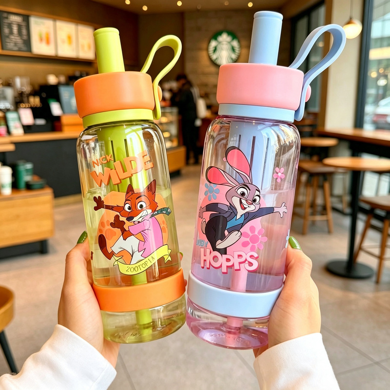 Zootopia Judy Nick Straw Cup Large Capacity High Temperature Resistant Tritan Student Water Cup Portable Handle Cup