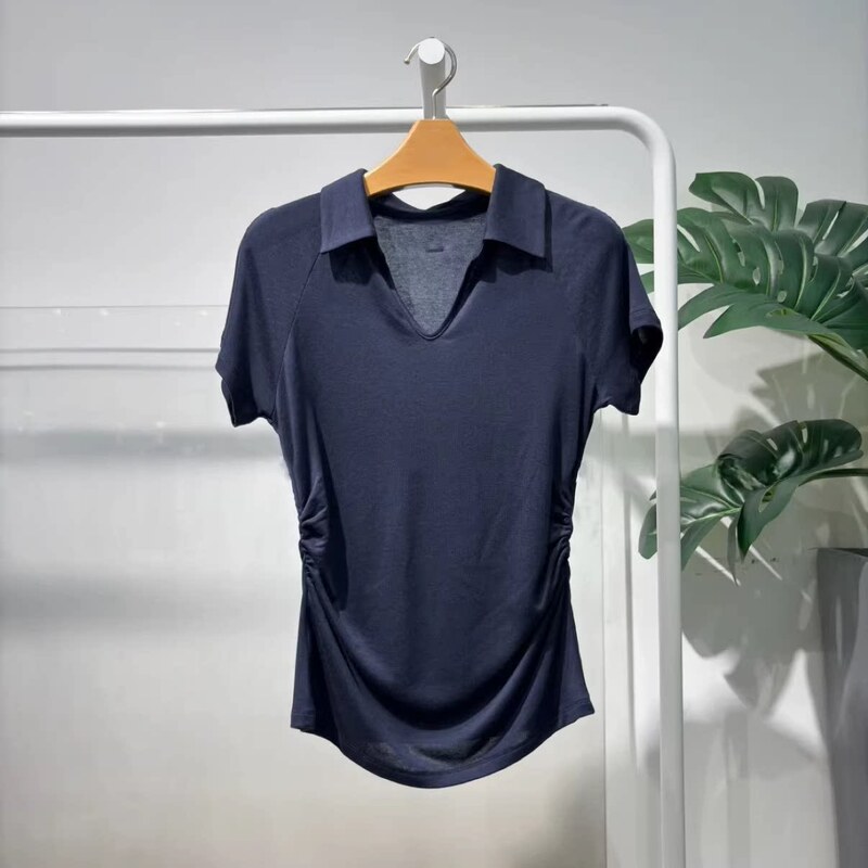 Mm Mai Mai 26 New Summer Style Pleated Waist-Cinching Thin Lapel Knit Sweater for Women in Navy Blue 5H4200211